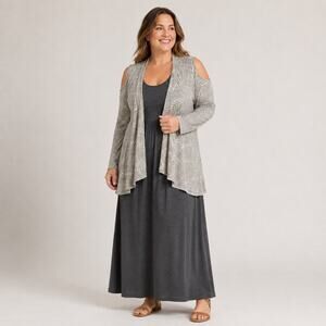 Vigorella Cardigan Sweater Bamboo Cotton Beige Cold Shoulder Open Front Boho